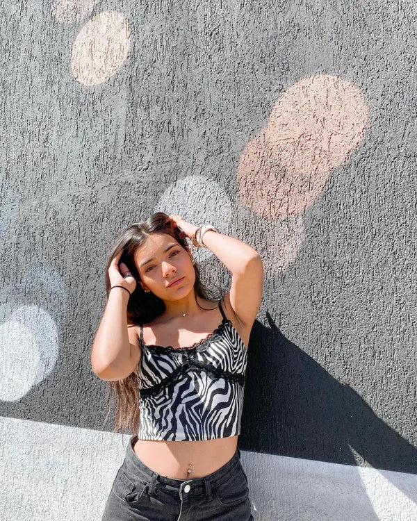 Black And White Zebra Print Lace Detailed Crop Top For Women