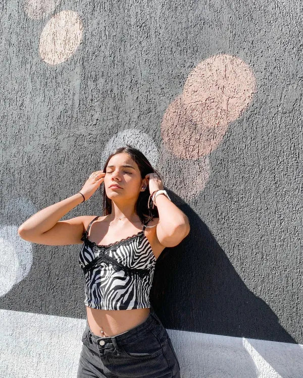 Black And White Zebra Print Lace Detailed Crop Top For Women