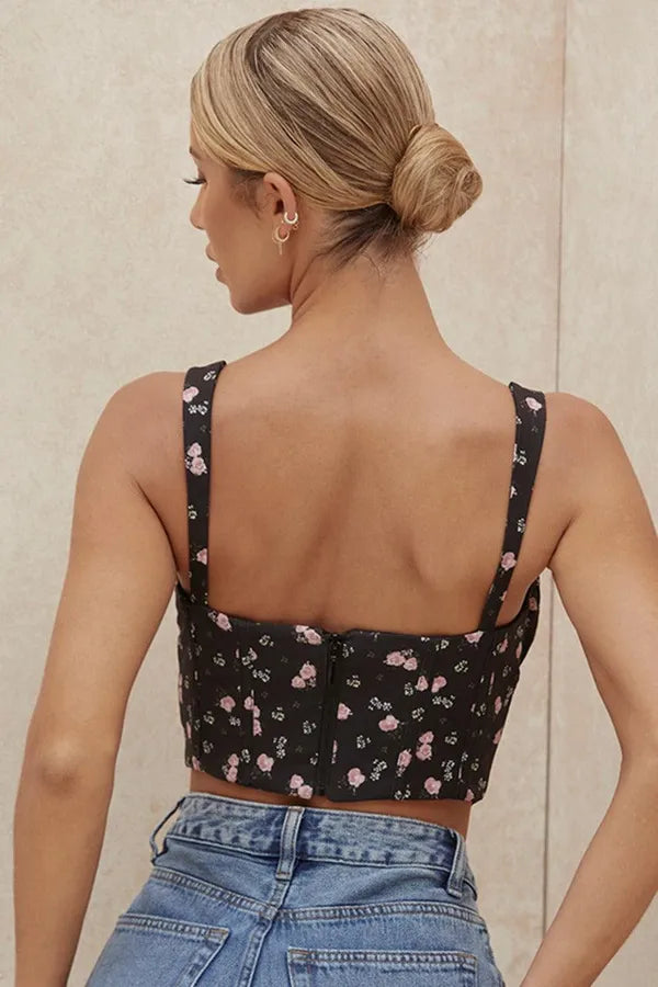 Black Floral Moyra Summer Crop Top For Women