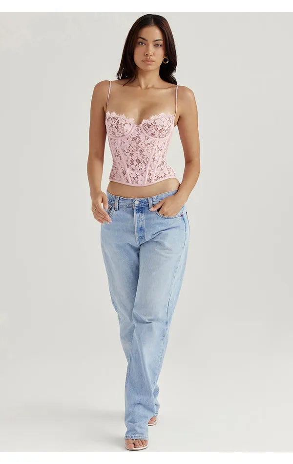 Pink Summer Stylish Lace Corset Top With Jeans For Women