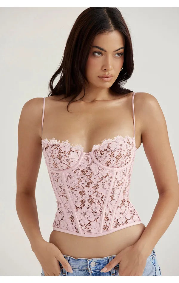 Pink Summer Stylish Lace Corset Top With Jeans For Women