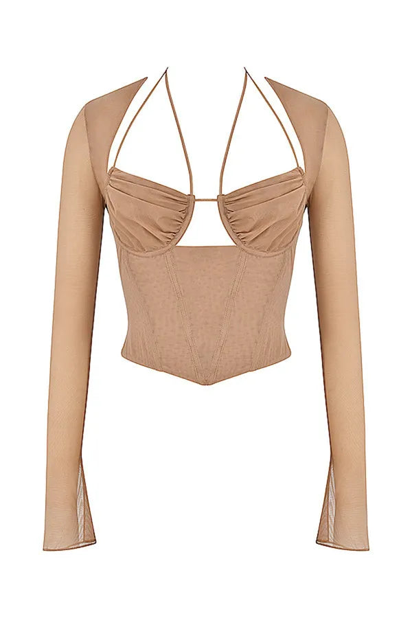 Skin Full Sleeves Cutout Design Mesh Corset Top For Women