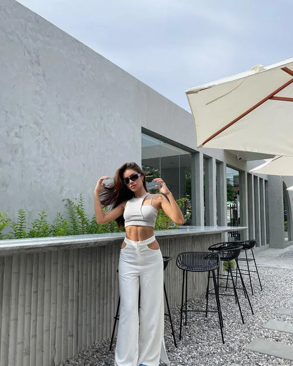 White And Grey Ribbed Crop Top And Cutout Pants Co Ord Set For Women