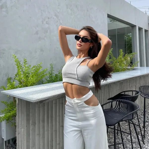 White And Grey Ribbed Crop Top And Cutout Pants Co Ord Set For Women