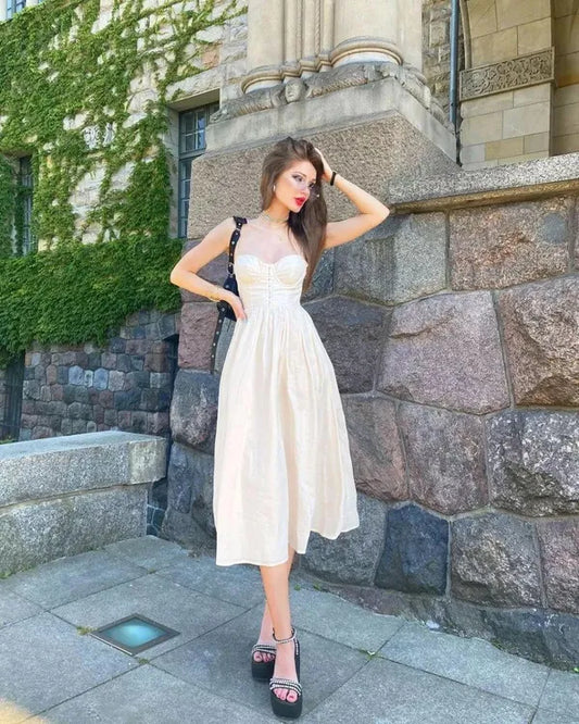 White Off Shoulder Corset Mid Length Dress For Women