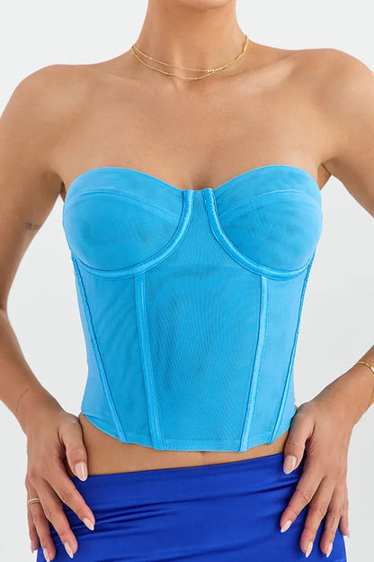 Blue Off Shoulder Fitted Mesh Corset Top For Women