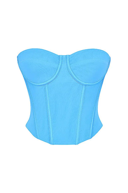 Blue Off Shoulder Fitted Mesh Corset Top For Women