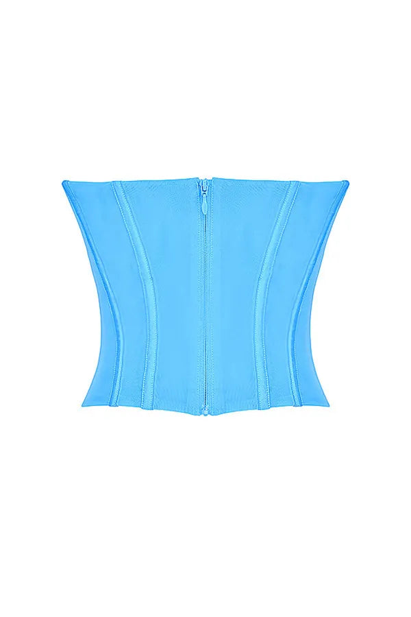 Blue Off Shoulder Fitted Mesh Corset Top For Women