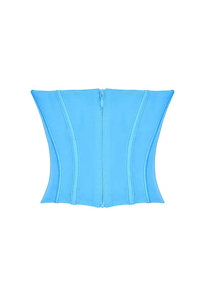 Blue Off Shoulder Fitted Mesh Corset Top For Women