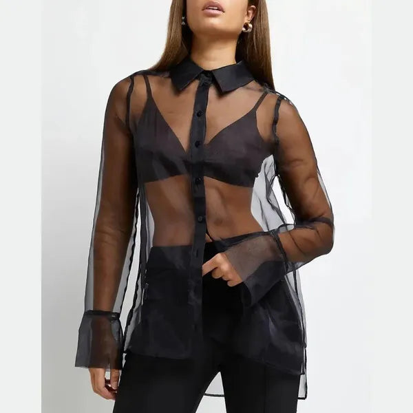 Black Satin Mesh Oversize Shirt With Full Sleeves For Women