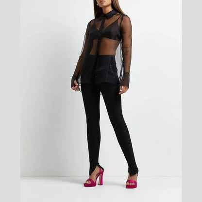 Black Satin Mesh Oversize Shirt With Full Sleeves For Women