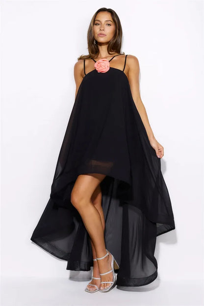 Black Tail Cut Dress With Spaghetti Sleeves For Women