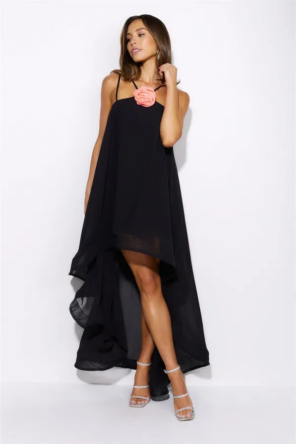 Black Tail Cut Dress With Spaghetti Sleeves For Women