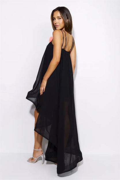 Black Tail Cut Dress With Spaghetti Sleeves For Women