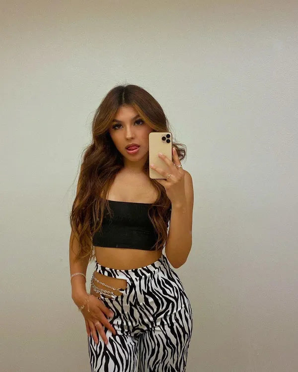 Black Zebra Printed Two Piece Co Ord Set Pant And Crop Top For Women