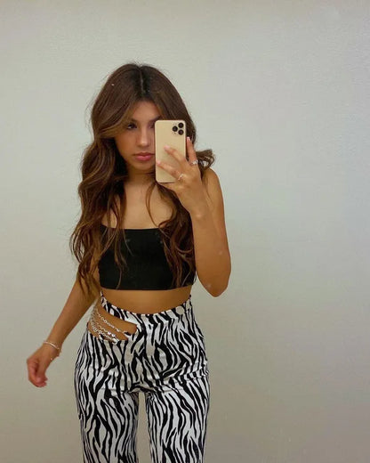 Black Zebra Printed Two Piece Co Ord Set Pant And Crop Top For Women