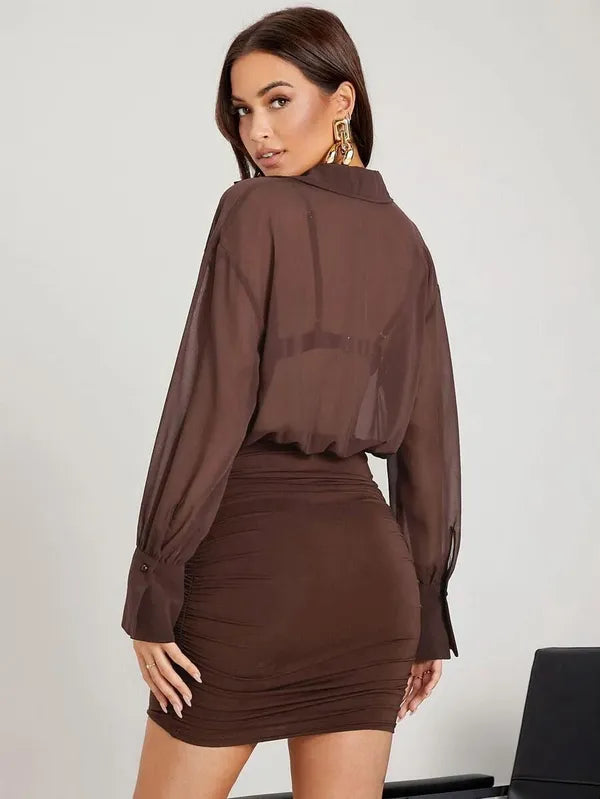 Brown Transparent Shirt And Skirt Two Piece Co-Ord Set For Women