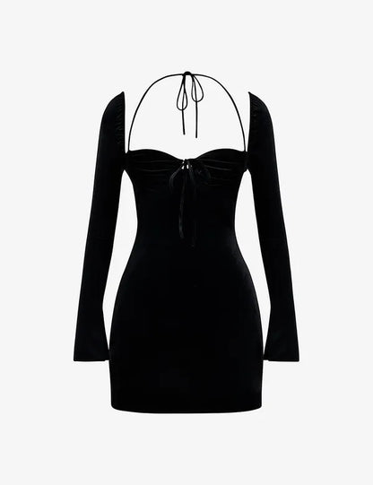 Black One Piece Short Dress Deep Neck For Women