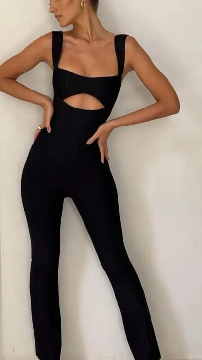 Black Deep Neck Cutout Jumpsuit With Strap Sleeves For Women