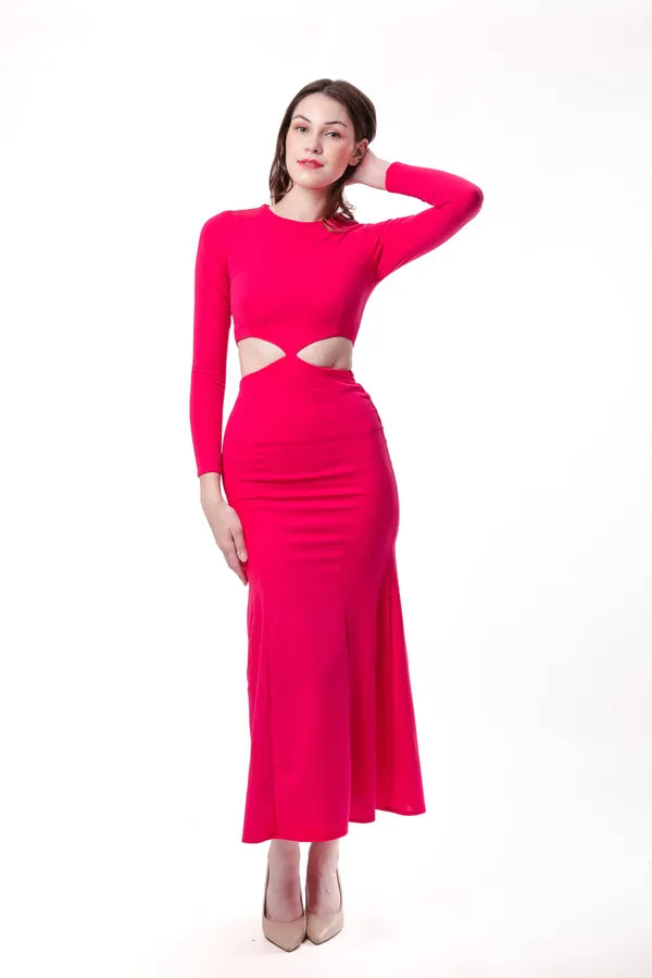 Fuchsia Pink Cutout Full Sleeves Long Dress For Women