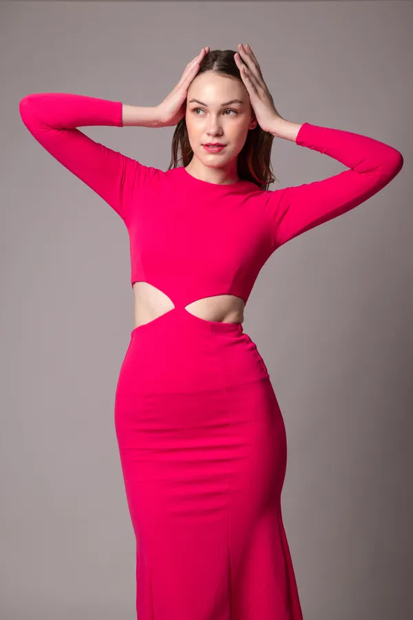 Fuchsia Pink Cutout Full Sleeves Long Dress For Women