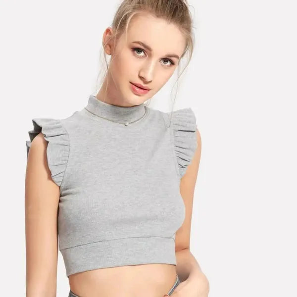 Grey Frill Fitted Crop Top For Women