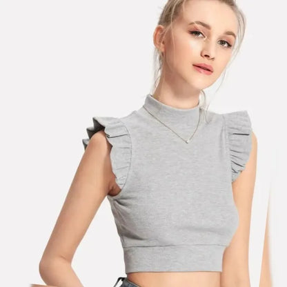 Grey Frill Fitted Crop Top For Women