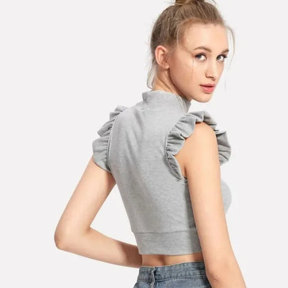 Grey Frill Fitted Crop Top For Women