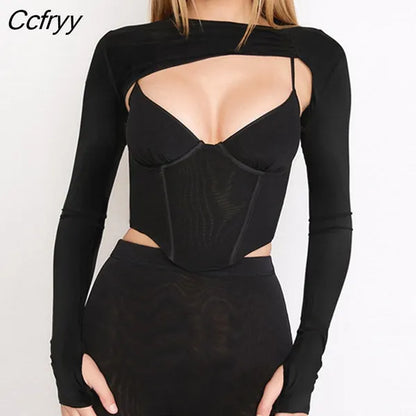 Black Bustier Cutout Mesh Crop Top For Women