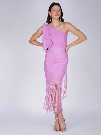 Purple One Shoulder Frill Detailed Dress For Women