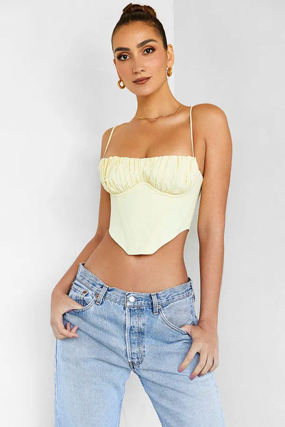 Light Yellow Corset Top With Spaghetti Sleeves For Women