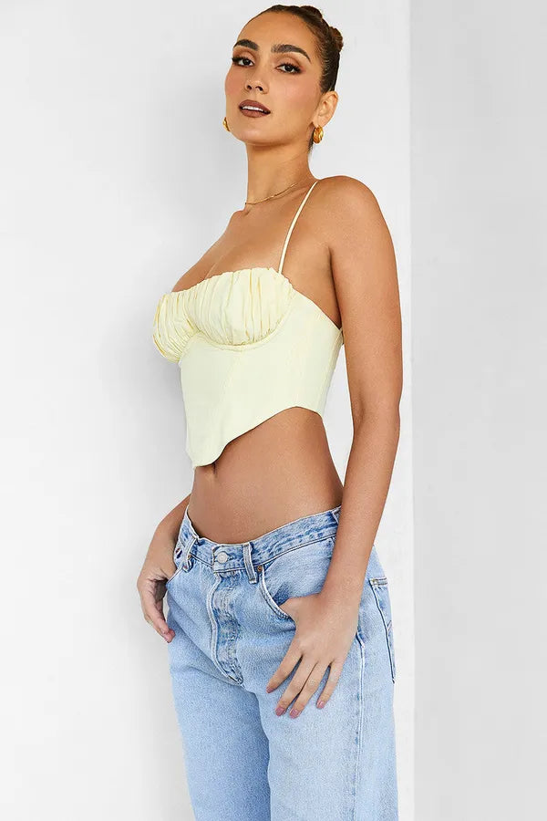 Light Yellow Corset Top With Spaghetti Sleeves For Women