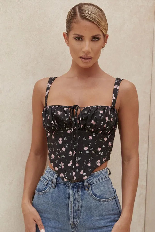 Black Floral Moyra Summer Crop Top For Women