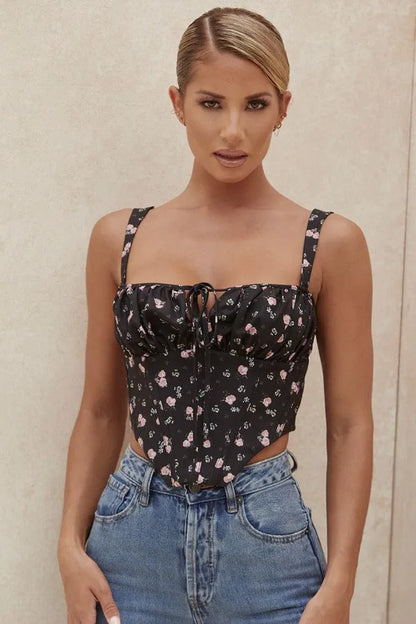 Black Floral Moyra Summer Crop Top For Women