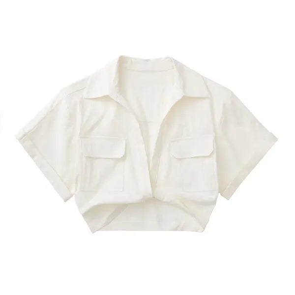 Pearl White Crop Shirt With Pockets For Women