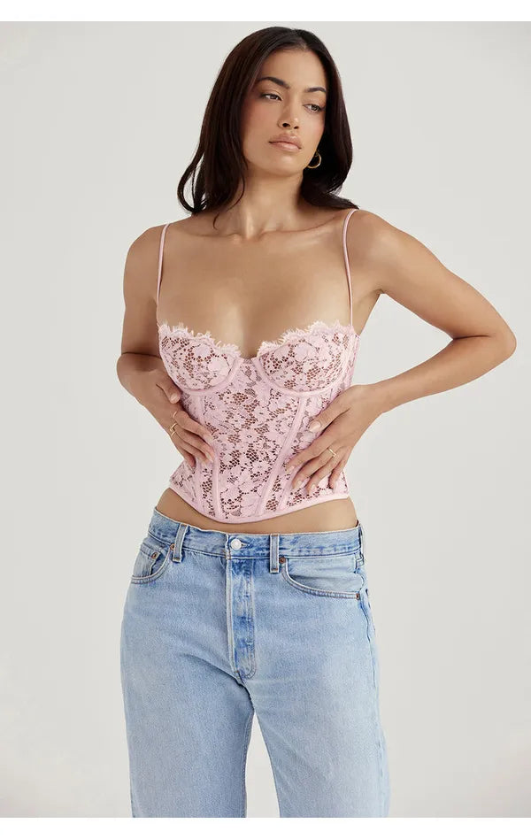 Pink  Summer Stylish Lace Corset Top With Jeans For Women