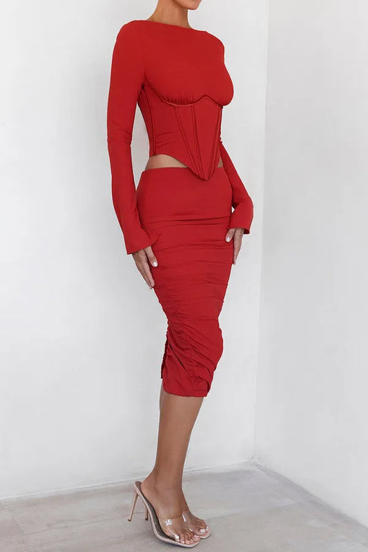 Red Full Sleeves Corset Top Ruched Skirt And Co Ord For Women