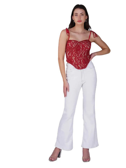 Red Lace Corset Fitted Top For Women