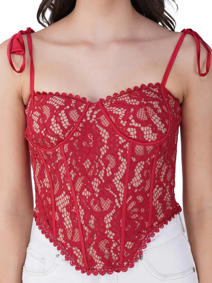 Red Lace Corset Fitted Top For Women