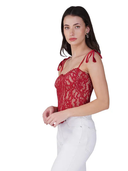 Red Lace Corset Fitted Top For Women