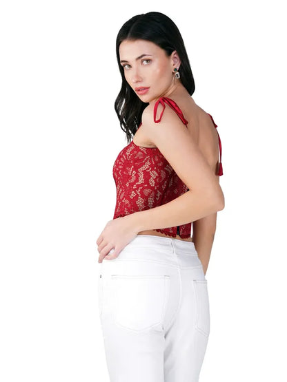 Red Lace Corset Fitted Top For Women