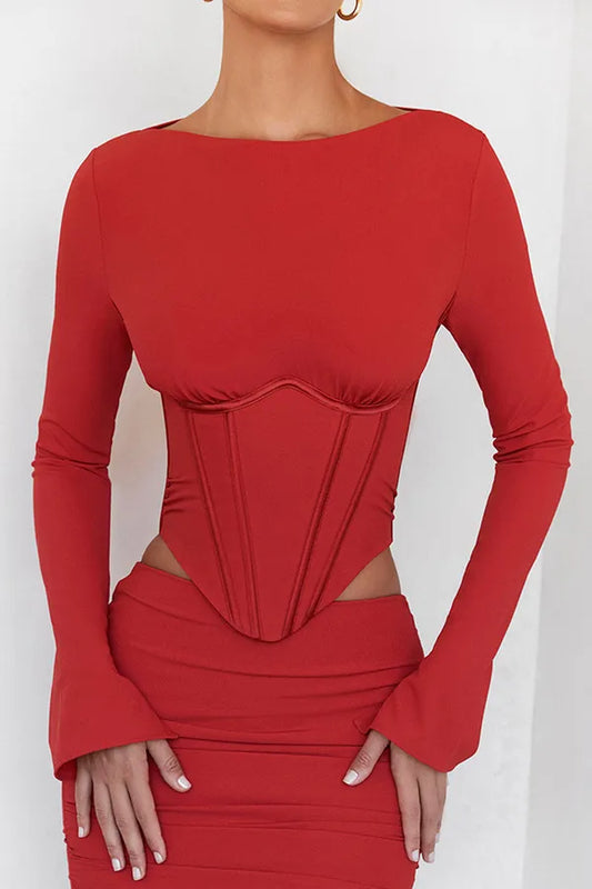 Red Stylish Full Sleeves Corset Top For Women