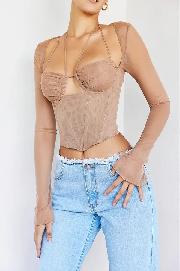 Skin Full Sleeves Cutout Design Mesh Corset Top For Women