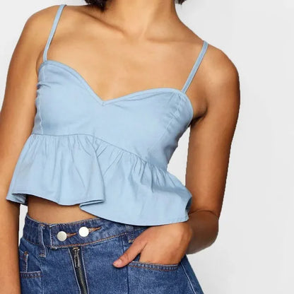 Sky Blue Denim Summer Pep Top For Women