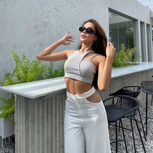 White And Grey Ribbed Crop Top And Cutout Pants Co Ord Set For Women