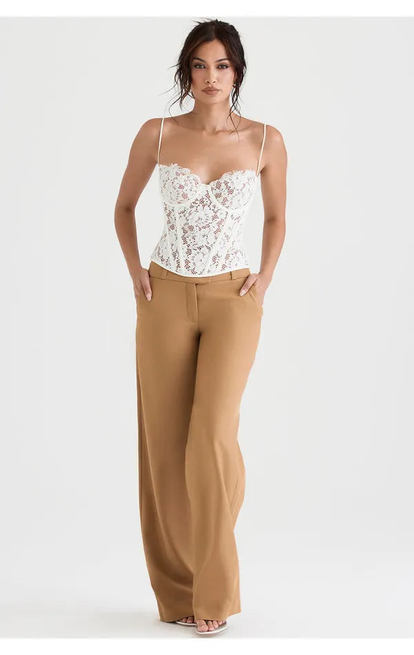 White Lace Top And Beige Pant Co-Ord Set For Women