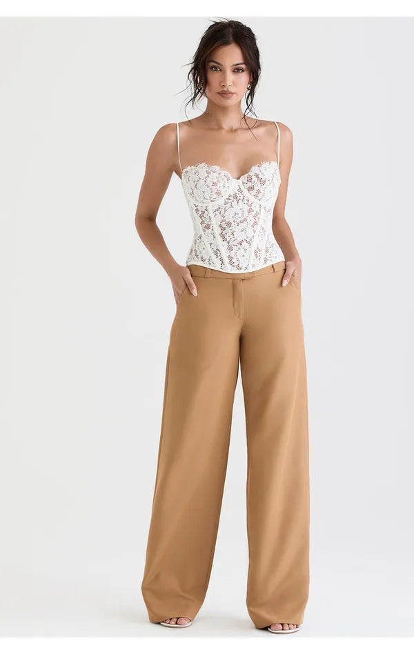 White Lace Top And Beige Pant Co-Ord Set For Women