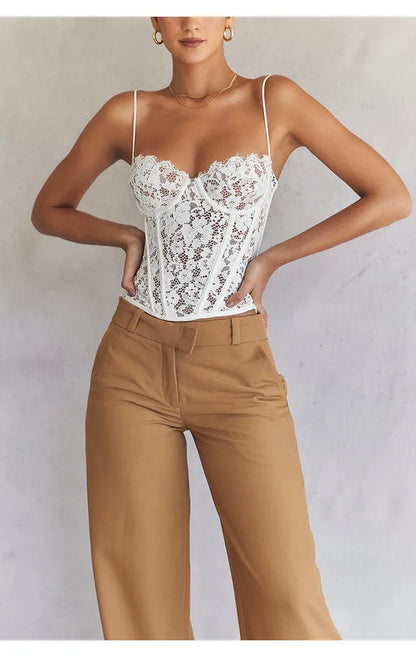 White Lace Top And Beige Pant Co-Ord Set For Women