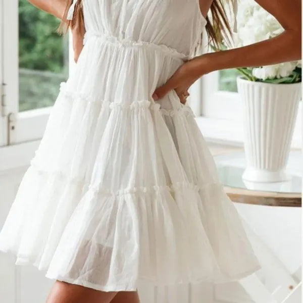 White Ruffled Layered Dress With Knotted Sleeves For Women