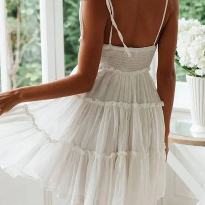 White Ruffled Layered Dress With Knotted Sleeves For Women